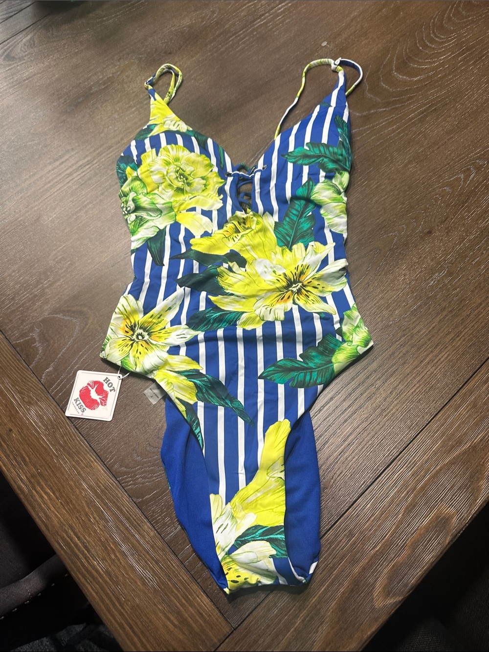 Hot Kiss Blue and Yellow Floral Stripe One-Piece Swimsuit